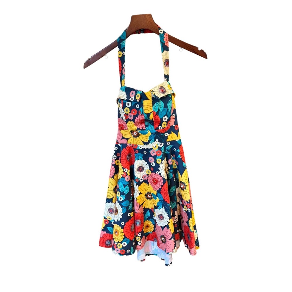 Vibrant Playful Ixia Red Print Pinup Fit & Flare Tie-Back Dress USA Made Retro